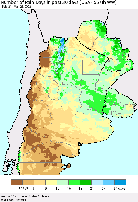 Southern South America Number of Rain Days in past 30 days (USAF 557th WW) 03/25/2022 Thematic Map For 3/21/2022 - 3/25/2022