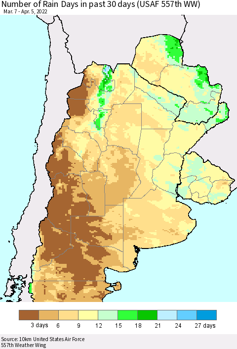 Southern South America Number of Rain Days in past 30 days (USAF 557th WW) 04/05/2022 Thematic Map For 4/1/2022 - 4/5/2022