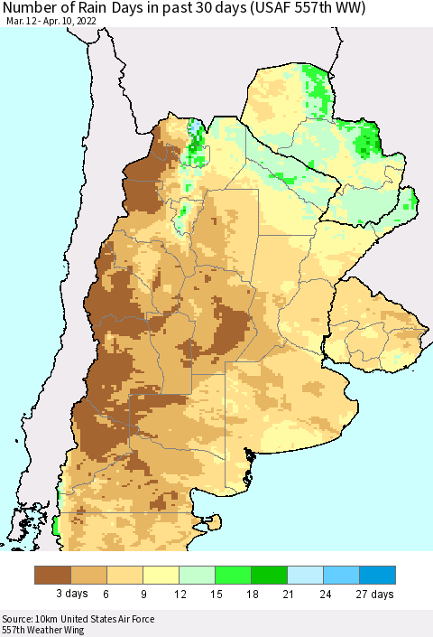 Southern South America Number of Rain Days in past 30 days (USAF 557th WW) 04/10/2022 Thematic Map For 4/6/2022 - 4/10/2022