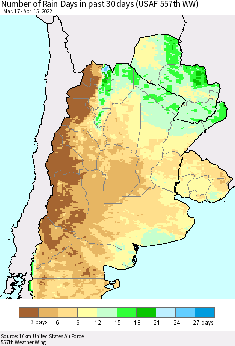 Southern South America Number of Rain Days in past 30 days (USAF 557th WW) 04/15/2022 Thematic Map For 4/11/2022 - 4/15/2022