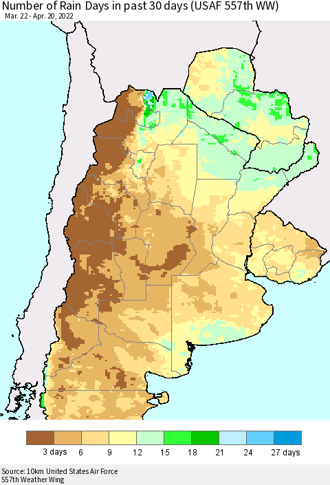 Southern South America Number of Rain Days in past 30 days (USAF 557th WW) 04/20/2022 Thematic Map For 4/16/2022 - 4/20/2022
