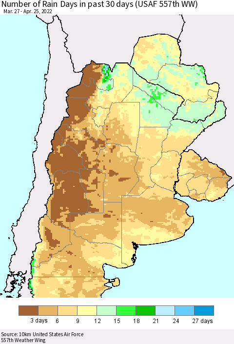 Southern South America Number of Rain Days in past 30 days (USAF 557th WW) 04/25/2022 Thematic Map For 4/21/2022 - 4/25/2022