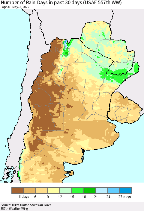 Southern South America Number of Rain Days in past 30 days (USAF 557th WW) 05/05/2022 Thematic Map For 5/1/2022 - 5/5/2022