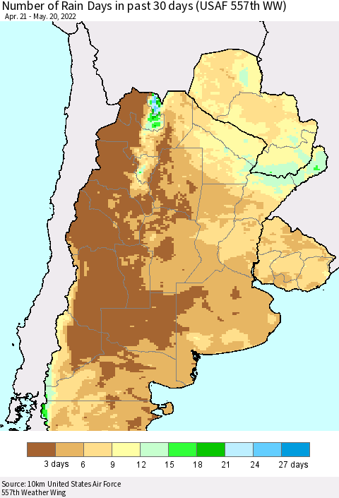 Southern South America Number of Rain Days in past 30 days (USAF 557th WW) 05/20/2022 Thematic Map For 5/16/2022 - 5/20/2022
