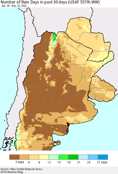 Southern South America Number of Rain Days in past 30 days (USAF 557th WW) 05/25/2022 Thematic Map For 5/21/2022 - 5/25/2022