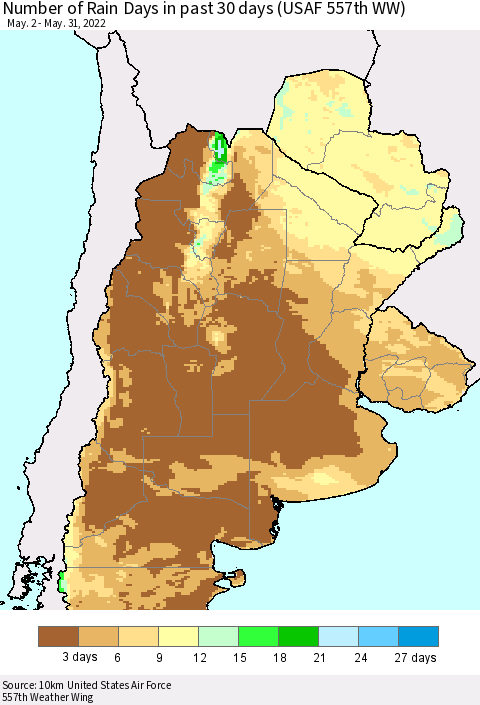 Southern South America Number of Rain Days in past 30 days (USAF 557th WW) 05/31/2022 Thematic Map For 5/26/2022 - 5/31/2022