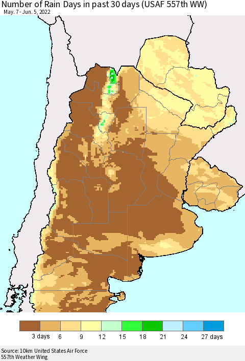 Southern South America Number of Rain Days in past 30 days (USAF 557th WW) 06/05/2022 Thematic Map For 6/1/2022 - 6/5/2022