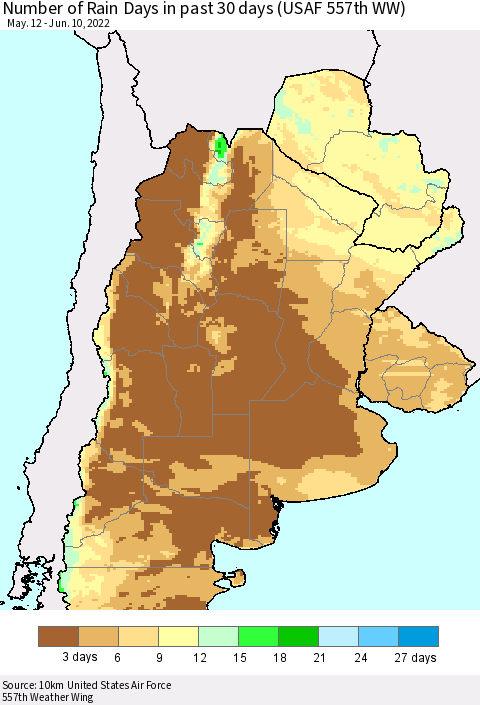 Southern South America Number of Rain Days in past 30 days (USAF 557th WW) 06/10/2022 Thematic Map For 6/6/2022 - 6/10/2022