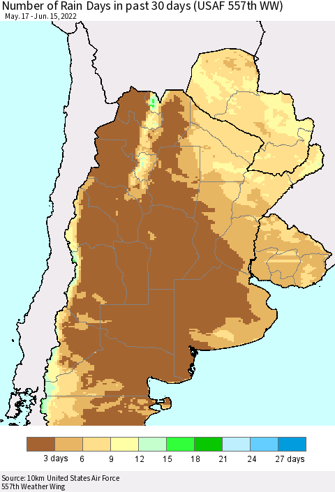 Southern South America Number of Rain Days in past 30 days (USAF 557th WW) 06/15/2022 Thematic Map For 6/11/2022 - 6/15/2022