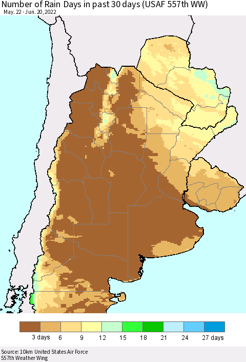 Southern South America Number of Rain Days in past 30 days (USAF 557th WW) 06/20/2022 Thematic Map For 6/16/2022 - 6/20/2022