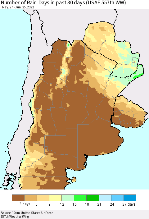 Southern South America Number of Rain Days in past 30 days (USAF 557th WW) 06/25/2022 Thematic Map For 6/21/2022 - 6/25/2022