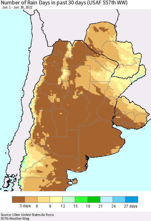 Southern South America Number of Rain Days in past 30 days (USAF 557th WW) 06/30/2022 Thematic Map For 6/26/2022 - 6/30/2022