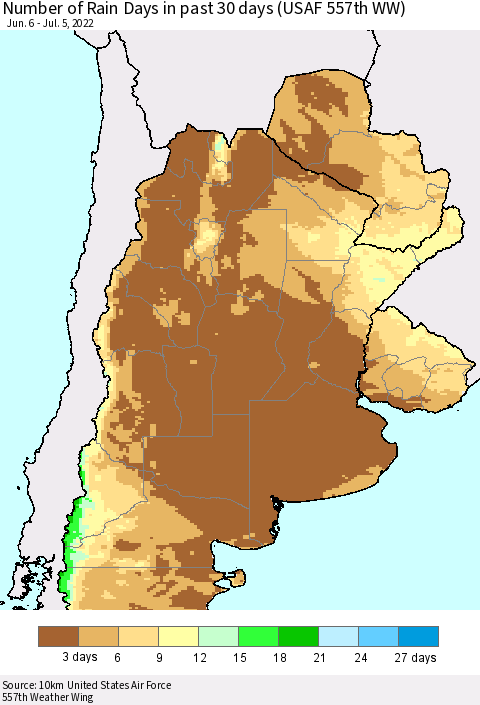 Southern South America Number of Rain Days in past 30 days (USAF 557th WW) 07/05/2022 Thematic Map For 7/1/2022 - 7/5/2022