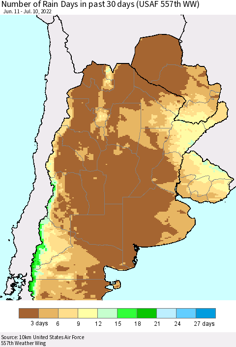 Southern South America Number of Rain Days in past 30 days (USAF 557th WW) 07/10/2022 Thematic Map For 7/6/2022 - 7/10/2022