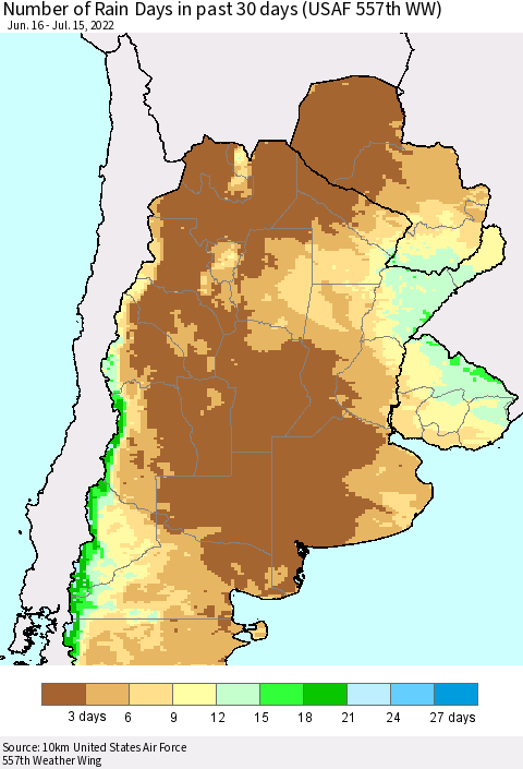 Southern South America Number of Rain Days in past 30 days (USAF 557th WW) 07/15/2022 Thematic Map For 7/11/2022 - 7/15/2022