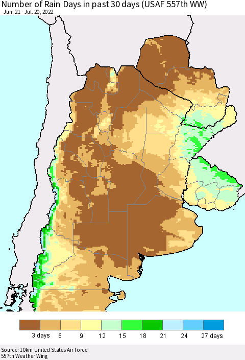 Southern South America Number of Rain Days in past 30 days (USAF 557th WW) 07/20/2022 Thematic Map For 7/16/2022 - 7/20/2022