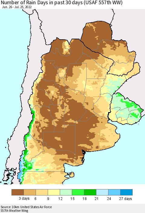 Southern South America Number of Rain Days in past 30 days (USAF 557th WW) 07/25/2022 Thematic Map For 7/21/2022 - 7/25/2022