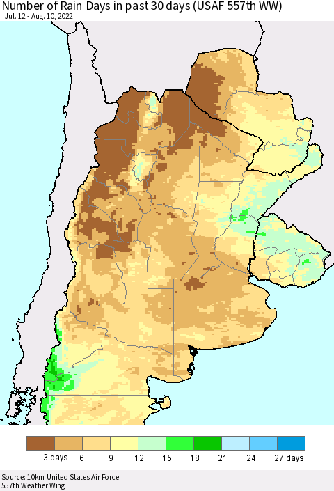 Southern South America Number of Rain Days in past 30 days (USAF 557th WW) 08/10/2022 Thematic Map For 8/6/2022 - 8/10/2022
