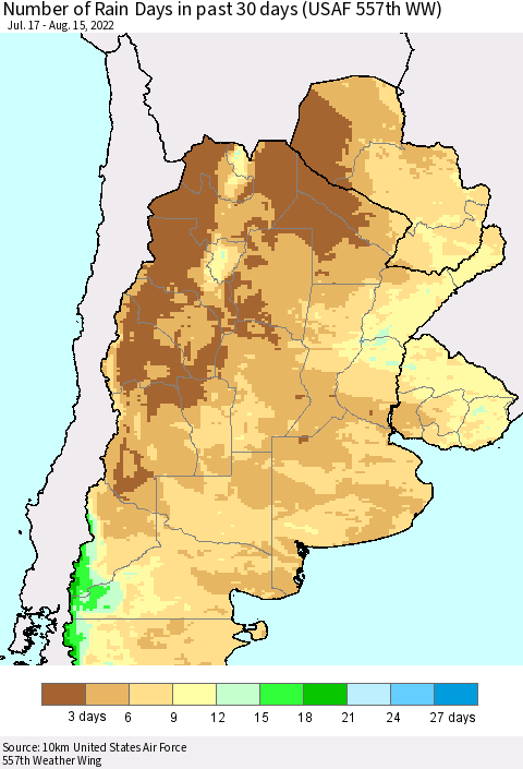 Southern South America Number of Rain Days in past 30 days (USAF 557th WW) 08/15/2022 Thematic Map For 8/11/2022 - 8/15/2022