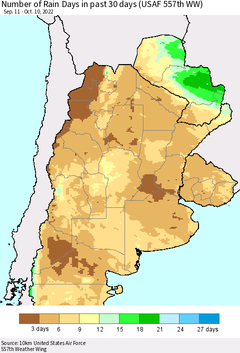 Southern South America Number of Rain Days in past 30 days (USAF 557th WW) 10/10/2022 Thematic Map For 10/6/2022 - 10/10/2022