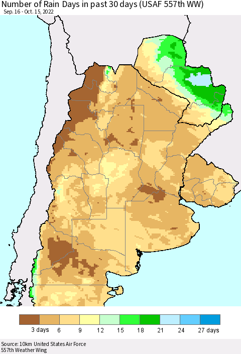 Southern South America Number of Rain Days in past 30 days (USAF 557th WW) 10/15/2022 Thematic Map For 10/11/2022 - 10/15/2022