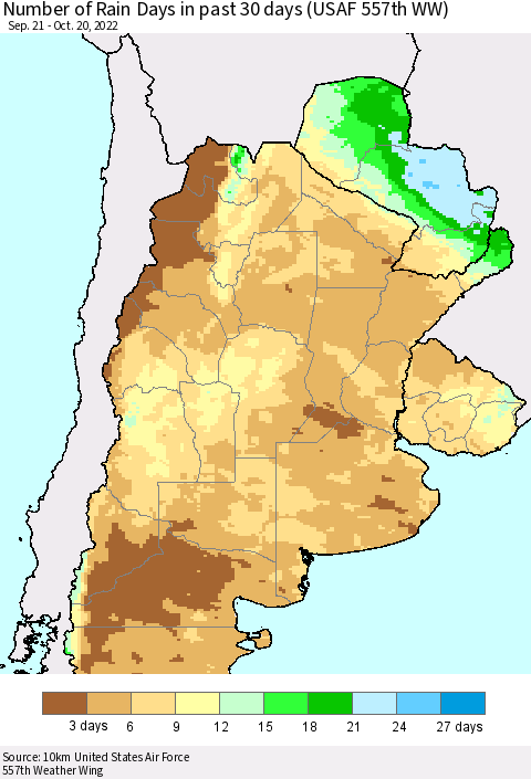 Southern South America Number of Rain Days in past 30 days (USAF 557th WW) 10/20/2022 Thematic Map For 10/16/2022 - 10/20/2022