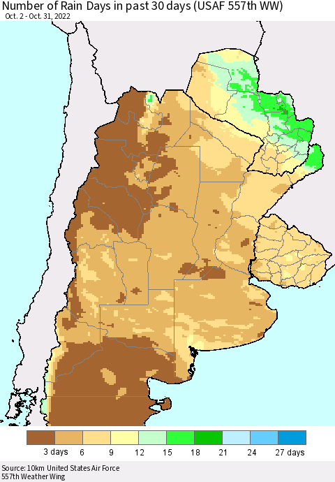 Southern South America Number of Rain Days in past 30 days (USAF 557th WW) 10/31/2022 Thematic Map For 10/26/2022 - 10/31/2022