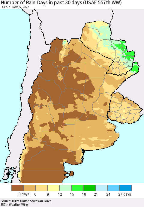 Southern South America Number of Rain Days in past 30 days (USAF 557th WW) 11/05/2022 Thematic Map For 11/1/2022 - 11/5/2022