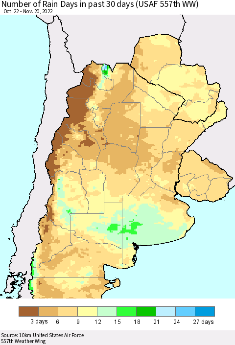 Southern South America Number of Rain Days in past 30 days (USAF 557th WW) 11/20/2022 Thematic Map For 11/16/2022 - 11/20/2022