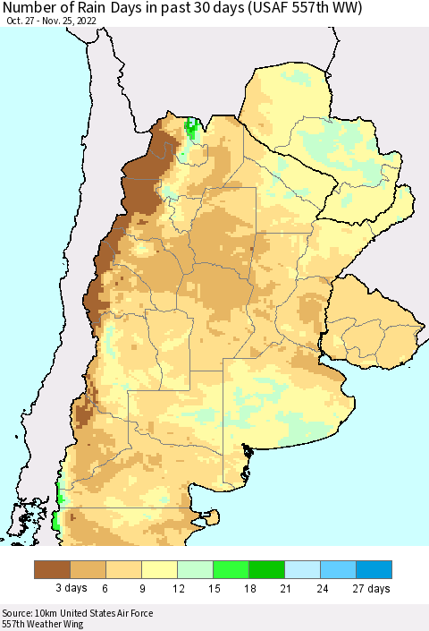 Southern South America Number of Rain Days in past 30 days (USAF 557th WW) 11/25/2022 Thematic Map For 11/21/2022 - 11/25/2022