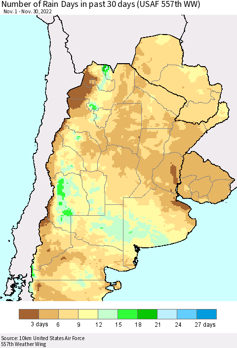 Southern South America Number of Rain Days in past 30 days (USAF 557th WW) 11/30/2022 Thematic Map For 11/26/2022 - 11/30/2022
