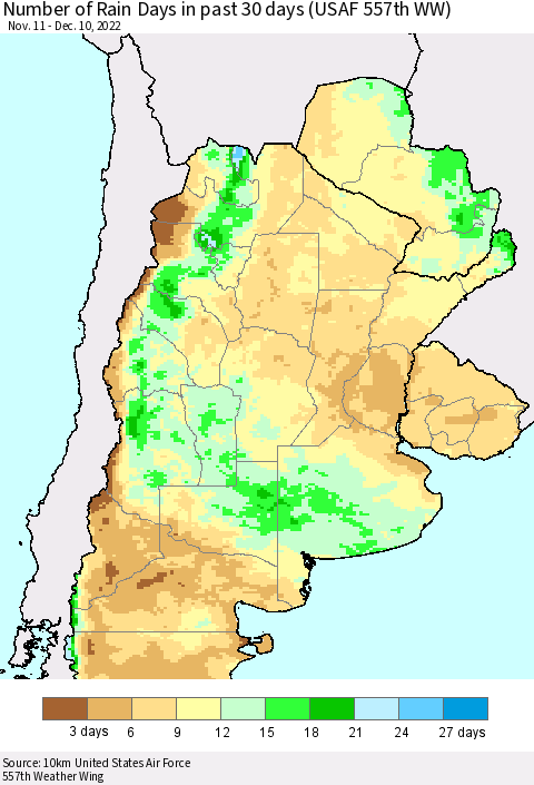 Southern South America Number of Rain Days in past 30 days (USAF 557th WW) 12/10/2022 Thematic Map For 12/6/2022 - 12/10/2022