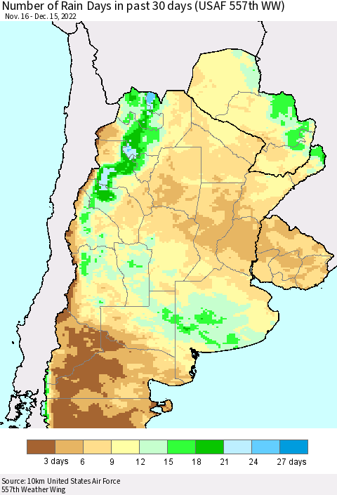 Southern South America Number of Rain Days in past 30 days (USAF 557th WW) 12/15/2022 Thematic Map For 12/11/2022 - 12/15/2022