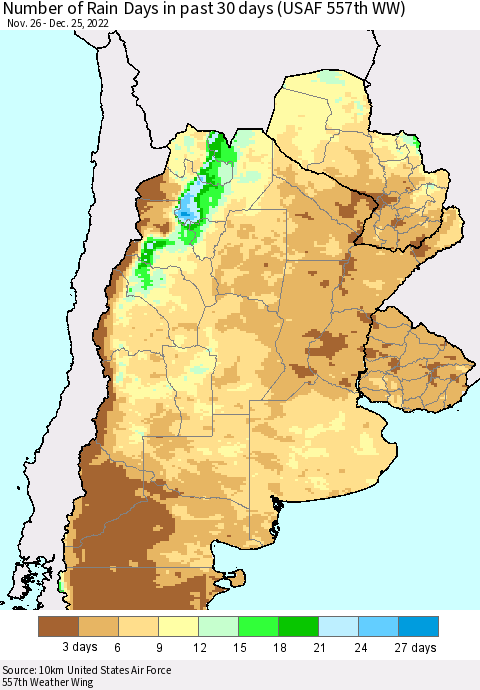 Southern South America Number of Rain Days in past 30 days (USAF 557th WW) 12/25/2022 Thematic Map For 12/21/2022 - 12/25/2022
