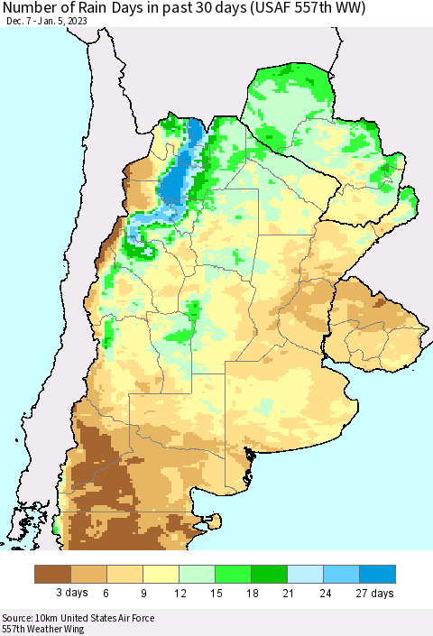 Southern South America Number of Rain Days in past 30 days (USAF 557th WW) 01/05/2023 Thematic Map For 1/1/2023 - 1/5/2023