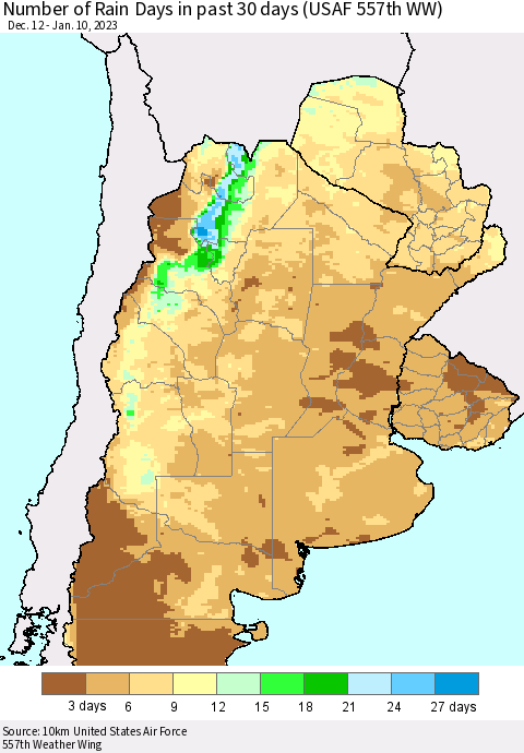 Southern South America Number of Rain Days in past 30 days (USAF 557th WW) 01/10/2023 Thematic Map For 1/6/2023 - 1/10/2023