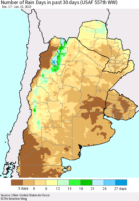 Southern South America Number of Rain Days in past 30 days (USAF 557th WW) 01/15/2023 Thematic Map For 1/11/2023 - 1/15/2023