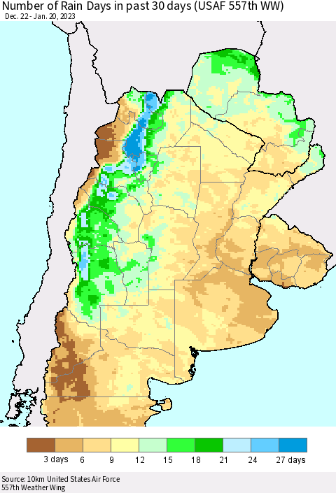Southern South America Number of Rain Days in past 30 days (USAF 557th WW) 01/20/2023 Thematic Map For 1/16/2023 - 1/20/2023