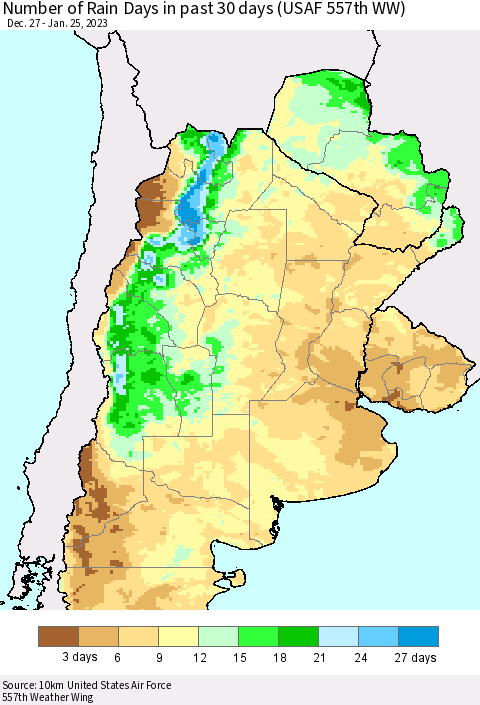 Southern South America Number of Rain Days in past 30 days (USAF 557th WW) 01/25/2023 Thematic Map For 1/21/2023 - 1/25/2023