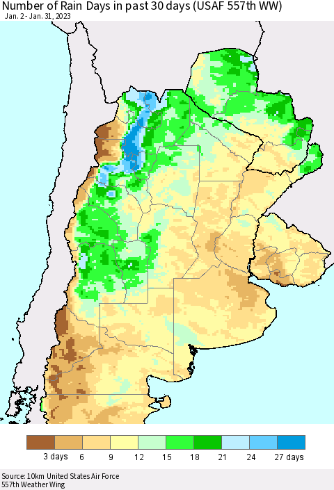 Southern South America Number of Rain Days in past 30 days (USAF 557th WW) 01/31/2023 Thematic Map For 1/26/2023 - 1/31/2023