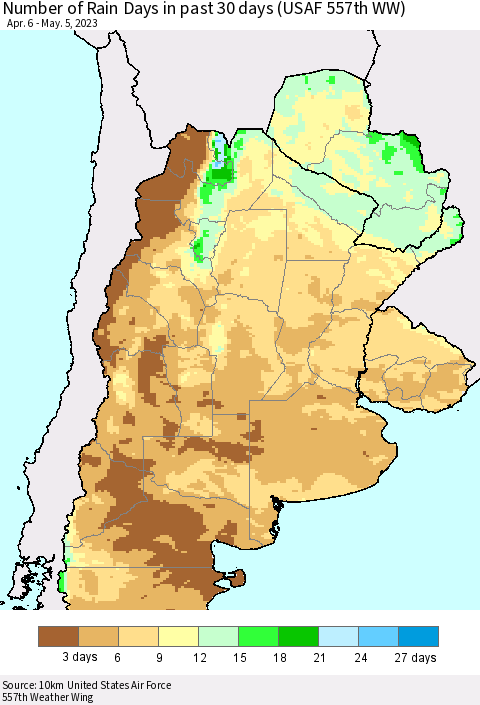 Southern South America Number of Rain Days in past 30 days (USAF 557th WW) 05/05/2023 Thematic Map For 5/1/2023 - 5/5/2023