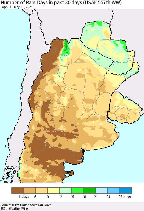 Southern South America Number of Rain Days in past 30 days (USAF 557th WW) 05/10/2023 Thematic Map For 5/6/2023 - 5/10/2023