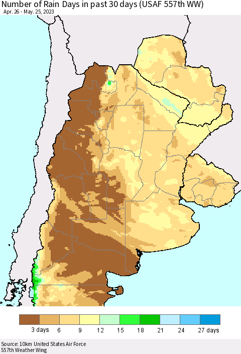 Southern South America Number of Rain Days in past 30 days (USAF 557th WW) 05/25/2023 Thematic Map For 5/21/2023 - 5/25/2023