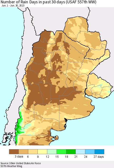 Southern South America Number of Rain Days in past 30 days (USAF 557th WW) 06/30/2023 Thematic Map For 6/26/2023 - 6/30/2023