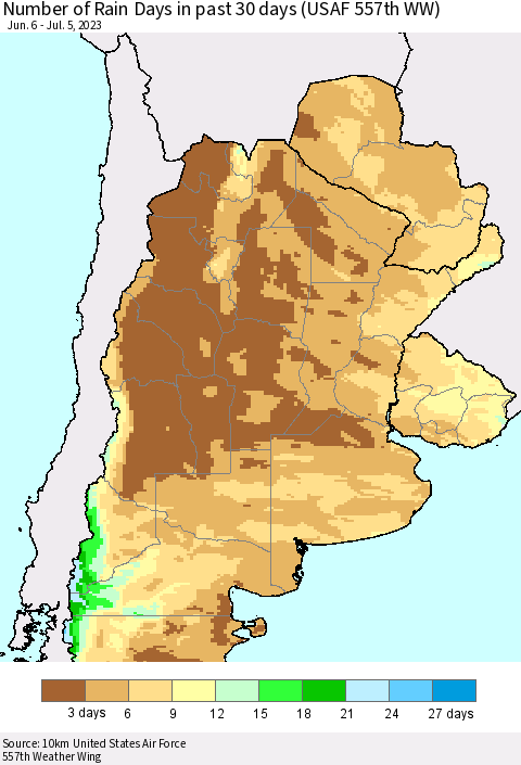 Southern South America Number of Rain Days in past 30 days (USAF 557th WW) 07/05/2023 Thematic Map For 7/1/2023 - 7/5/2023