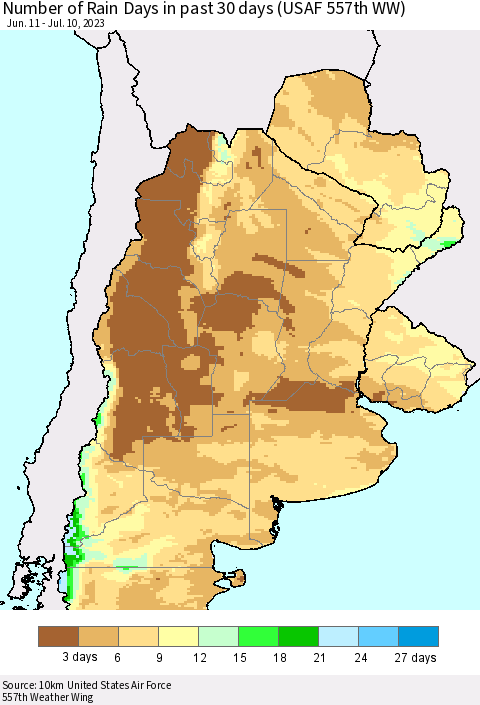 Southern South America Number of Rain Days in past 30 days (USAF 557th WW) 07/10/2023 Thematic Map For 7/6/2023 - 7/10/2023