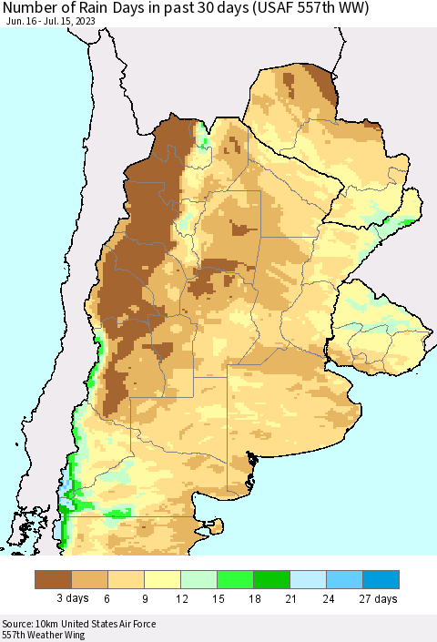 Southern South America Number of Rain Days in past 30 days (USAF 557th WW) 07/15/2023 Thematic Map For 7/11/2023 - 7/15/2023