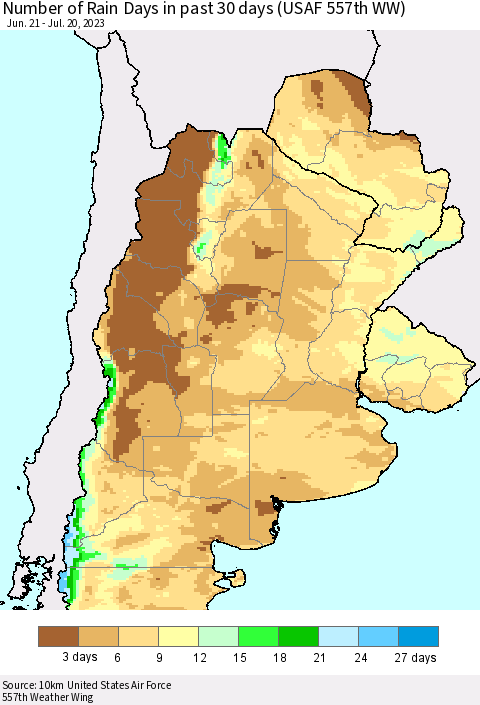 Southern South America Number of Rain Days in past 30 days (USAF 557th WW) 07/20/2023 Thematic Map For 7/16/2023 - 7/20/2023