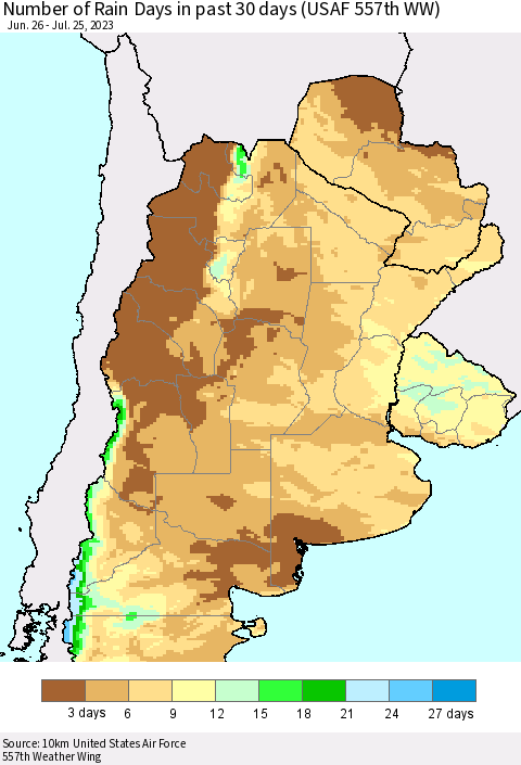 Southern South America Number of Rain Days in past 30 days (USAF 557th WW) 07/25/2023 Thematic Map For 7/21/2023 - 7/25/2023