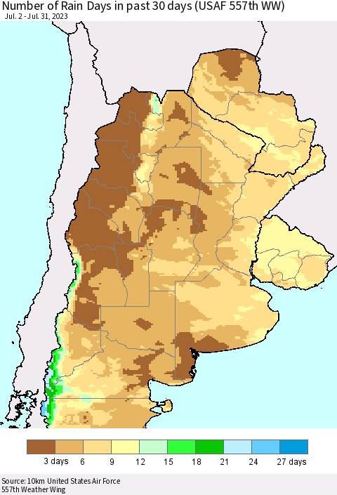 Southern South America Number of Rain Days in past 30 days (USAF 557th WW) 07/31/2023 Thematic Map For 7/26/2023 - 7/31/2023
